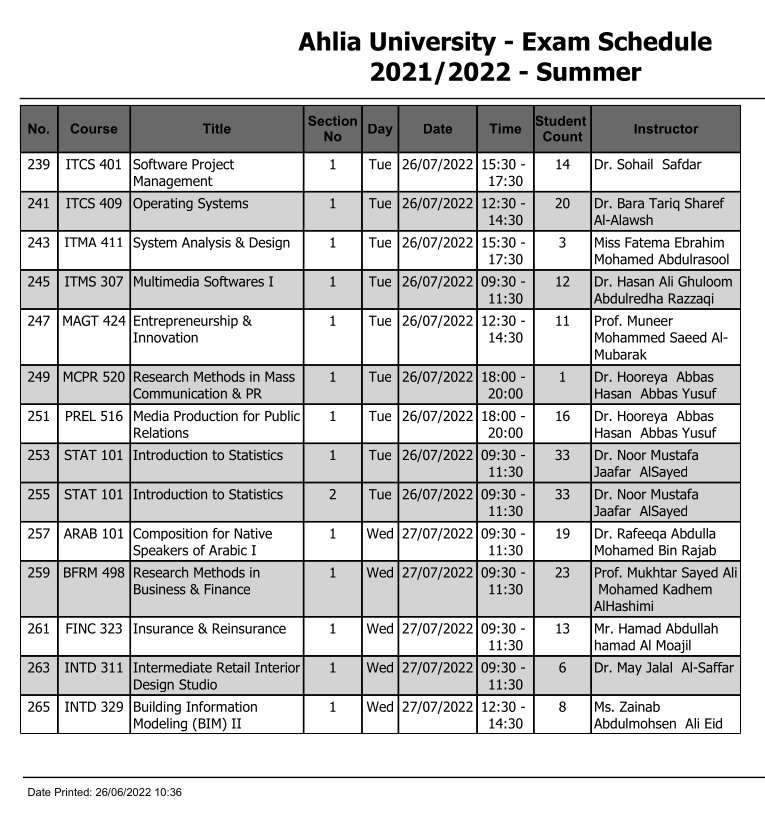 Exam Schedule Summer Semester 2021 2022 Ahlia University