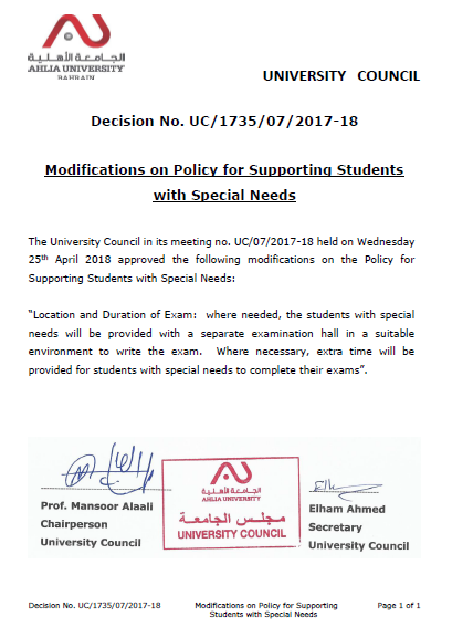 Modified policy document for supporting students with special needs