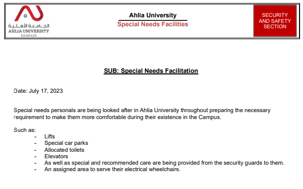 Special needs facilitation document