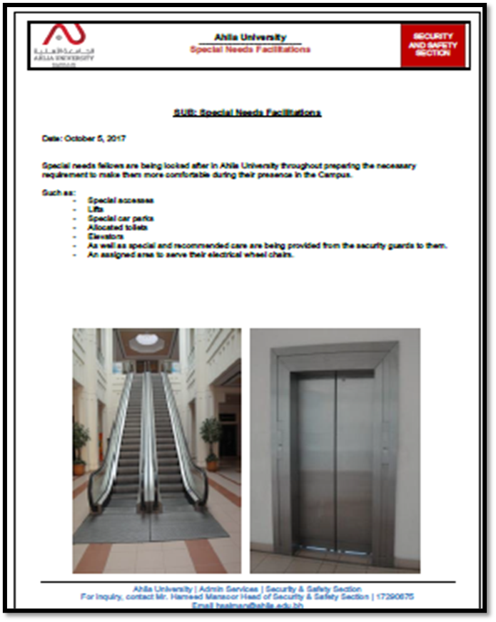 Special needs facilitations including accessible infrastructure