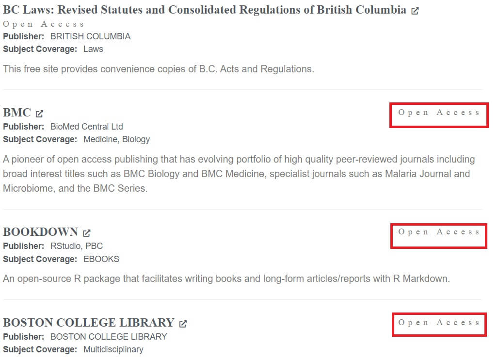 Open Access Database List Samples 3 (BC Laws, BMC, BOOKDOWN, BOSTON COLLEGE LIBRARY)