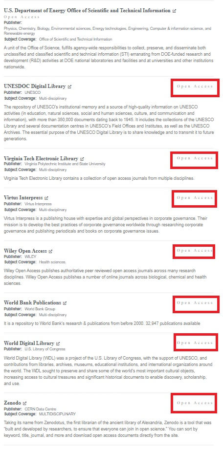 Open Access Database List Samples 4 (U.S. Department of Energy, UNESDOC Digital Library, Virginia Tech Electronic Library, Virtus Interpress, Wiley Open Access, World Bank Publications, World Digital Library, Zenodo)