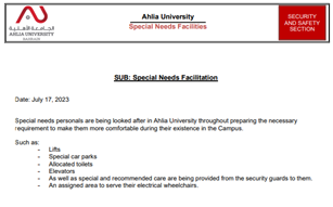 Special needs support services at Ahlia University