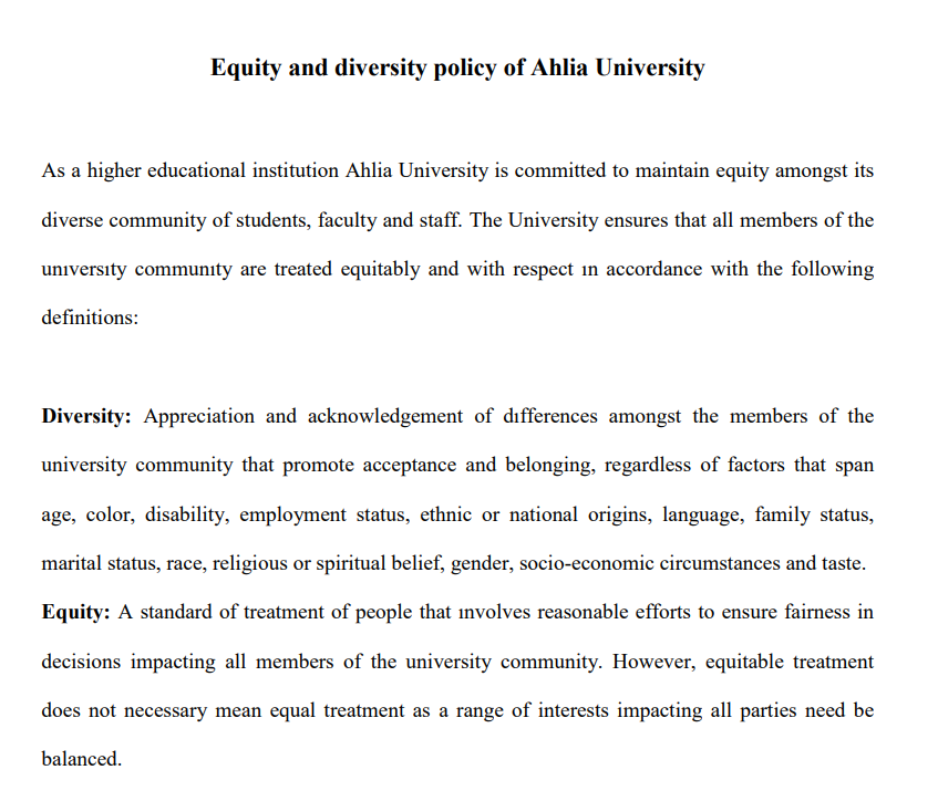 Ahlia University equity and diversity policy