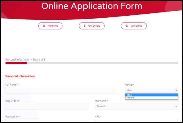 Online application form showing gender selection