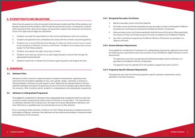 Student handbook page showing admission process