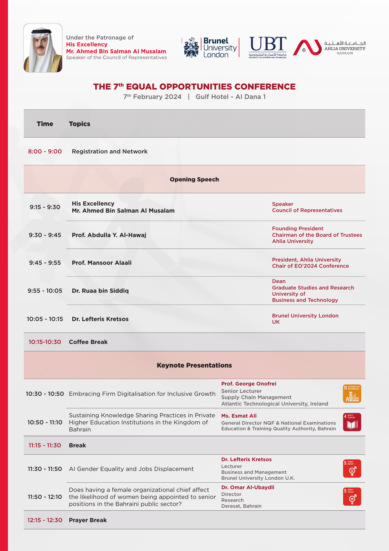 Original conference programme, page 1: parliamentary patronage, university co-organisers, BQA, Derasat and international university speakers, with sessions explicitly mapped to SDGs 4, 5 and 11.
