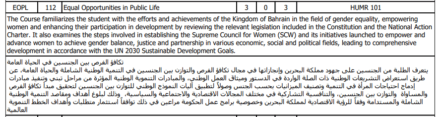 Screenshot of the Ahlia University course description for Equal Opportunities in Public Life