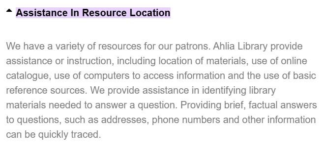 Ahlia University Library resource-locations webpage excerpt