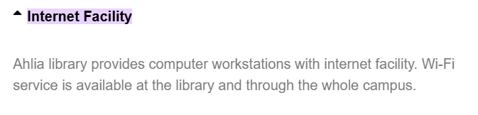 Ahlia University Library internet and workstation service webpage excerpt