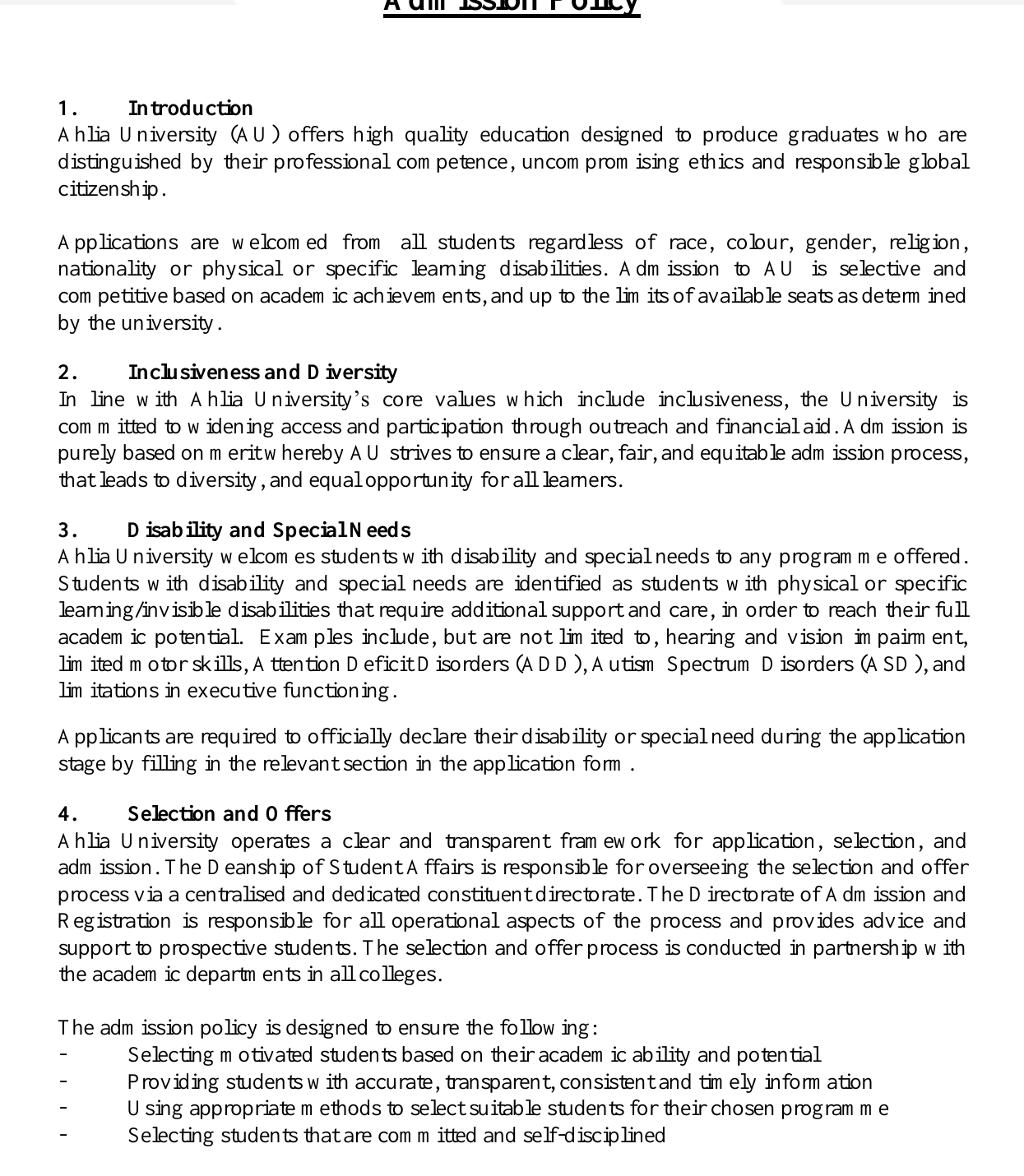 Exhibit 1. Ahlia University Revised Admission Policy, page 1 of 2 (UC/P 517/2021). Excerpt from Ahlia University's Revised Admission Policy stating that applications are welcomed regardless of gender, admission is based on academic achievement, the University widens access and participation, and selection is centrally managed and transparent.