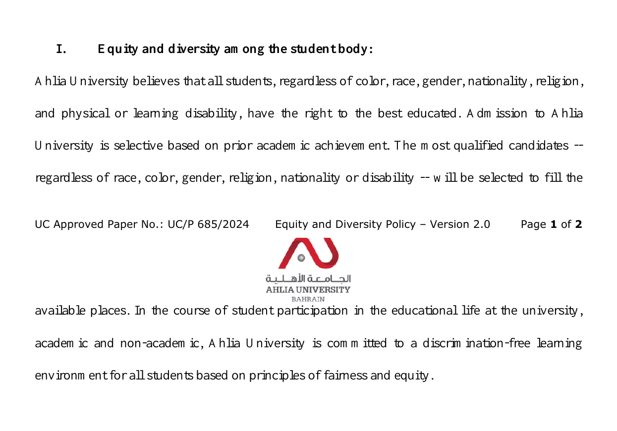 Exhibit 2. Equity and Diversity Policy, Version 2.0, student-body provisions across pages 1–2 (UC/P 685/2024). Combined excerpt from Ahlia University's 2024 Equity and Diversity Policy stating that candidates are selected regardless of gender and that academic and non-academic student participation takes place in a discrimination-free learning environment.